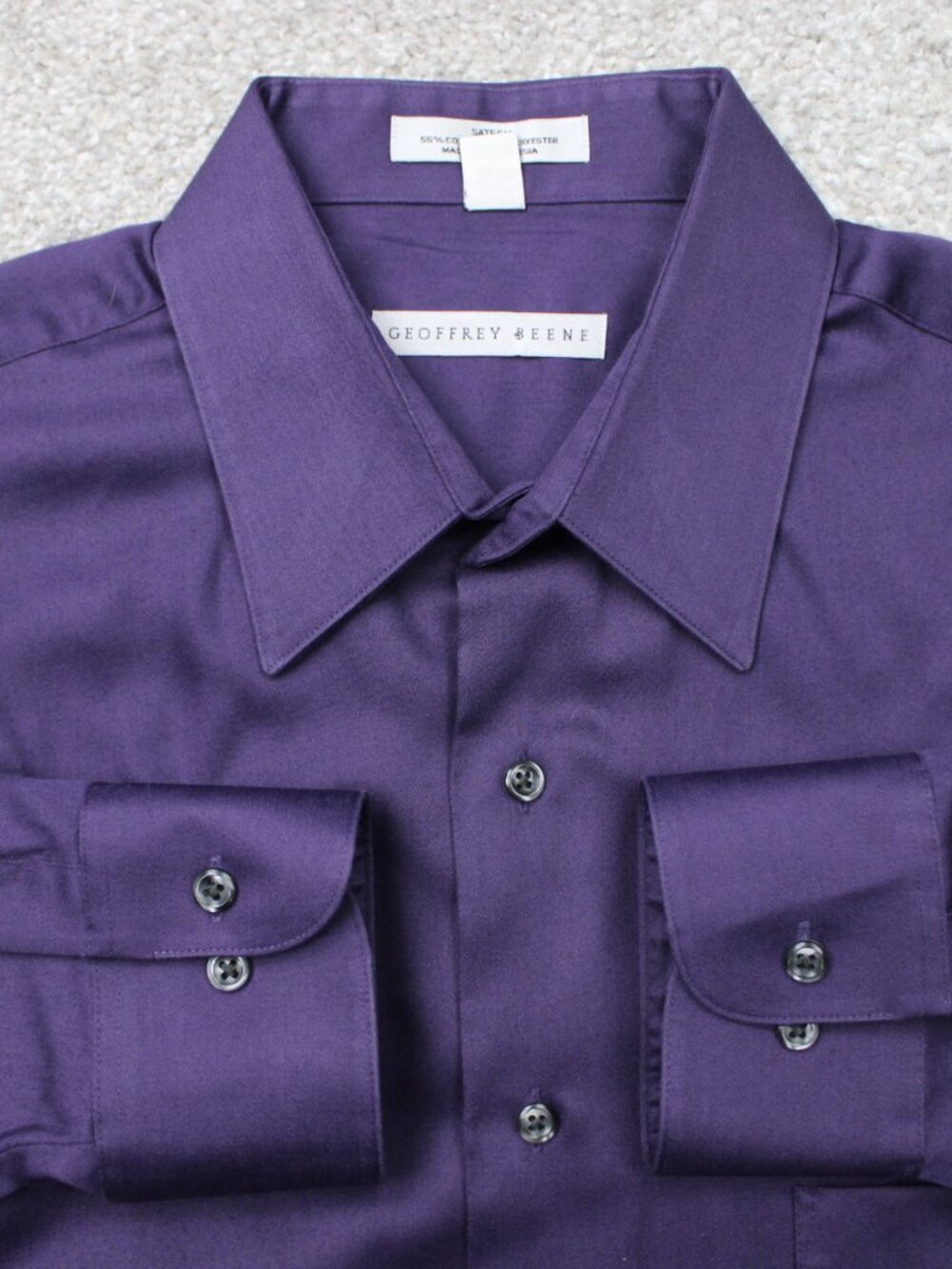 Geoffrey Beene Shirt Mens Large 16, 32/33 Purple Wrinkle Free Sateen Long Sleeve